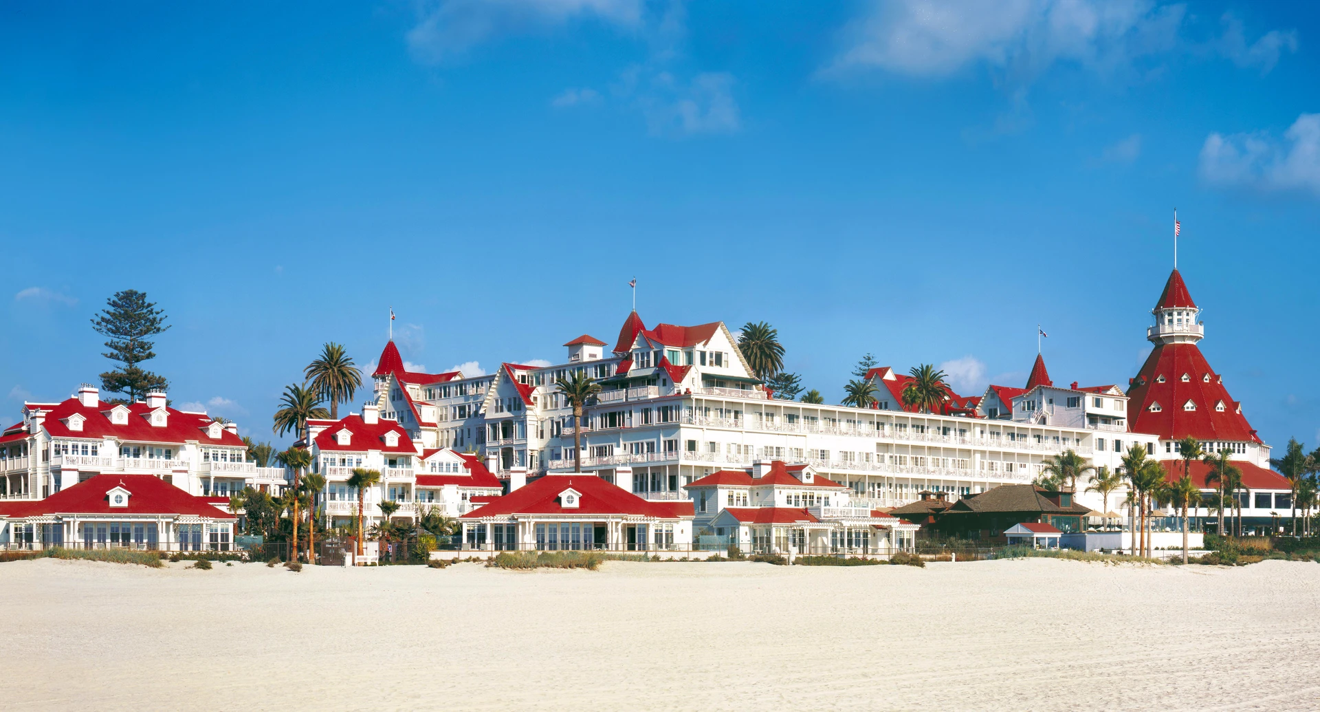 Beach Village and Hotel del Coronado exterior over the beach.