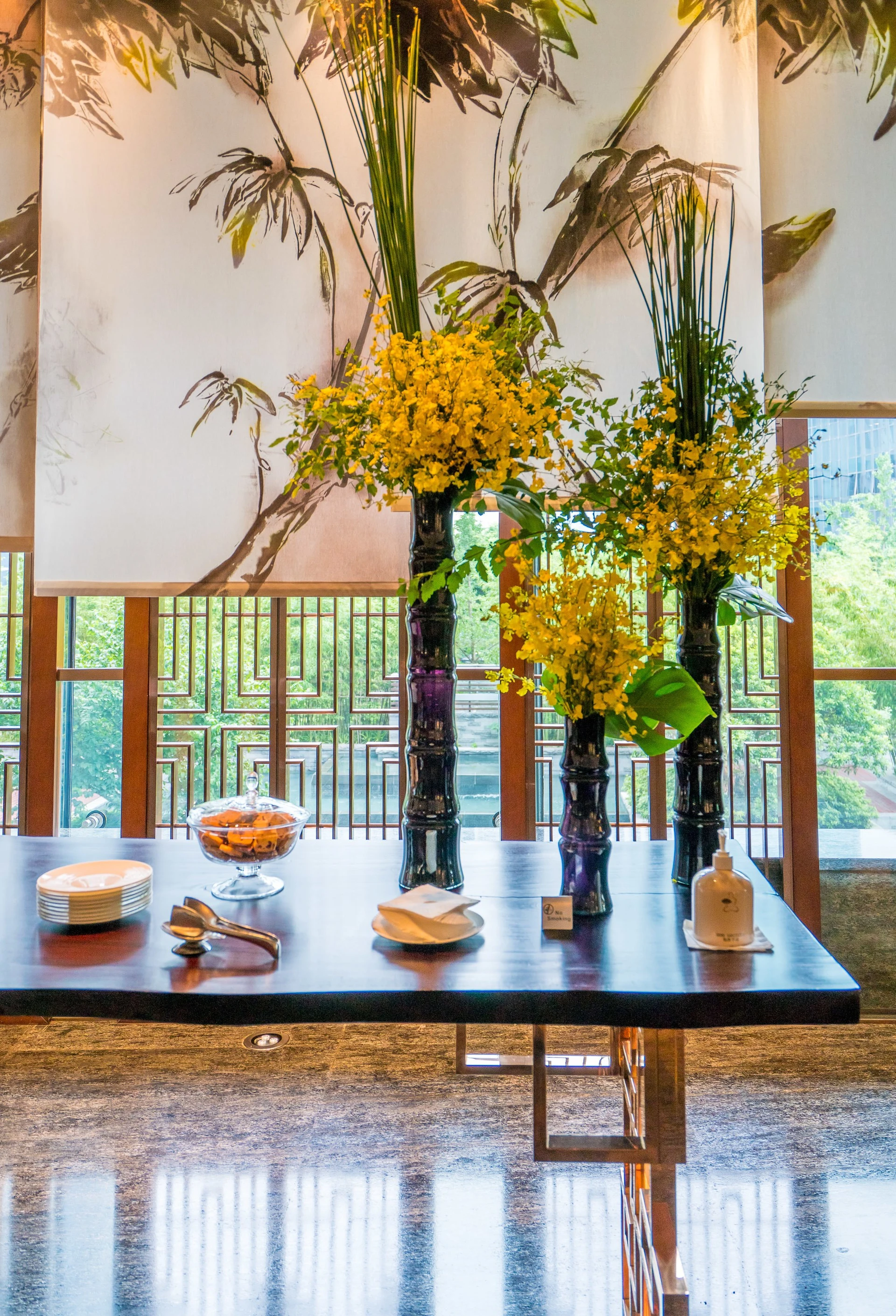 Orchids in a Club Lounge arrangement at Mandarin Oriental Pudong, Shanghai.