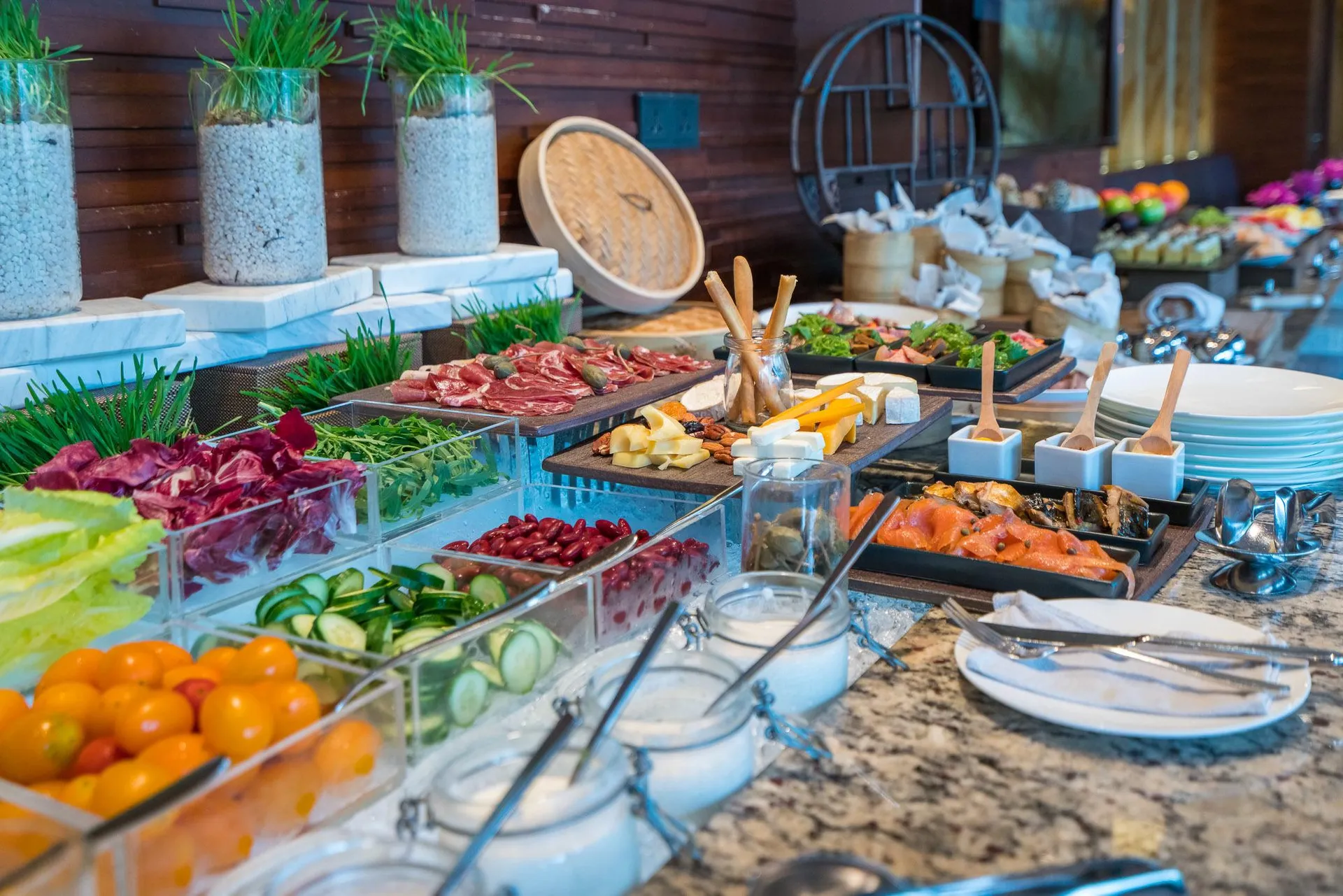 Salad and regional selections at the Mandarin Oriental Pudong, Shanghai Club Lounge buffet.
