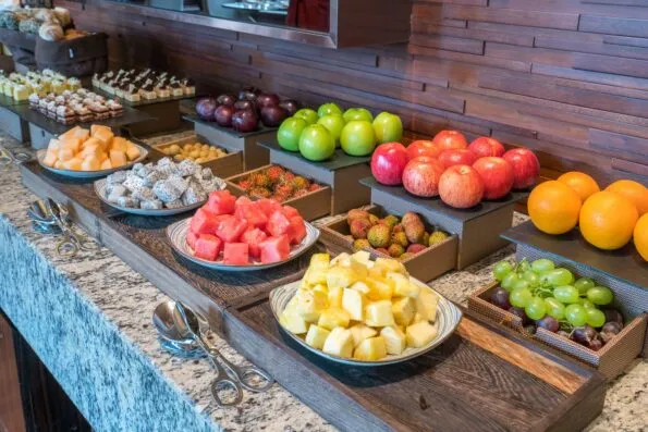 A lovely buffet of fruit was part of daily breakfast at the Mandarin Oriental Pudong, Shanghai Club Lounge.