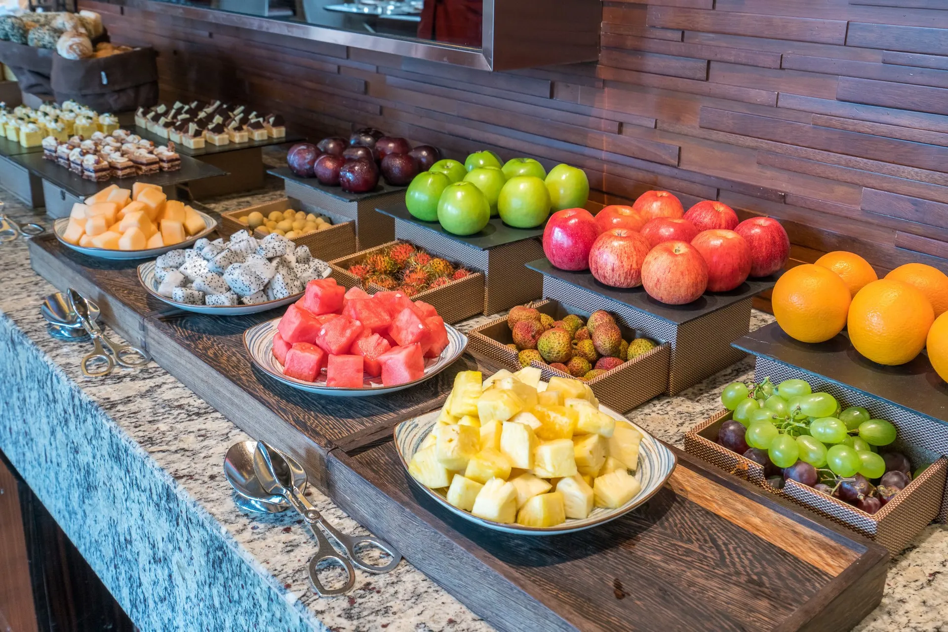 A lovely buffet of fruit was part of daily breakfast at the Mandarin Oriental Pudong, Shanghai Club Lounge.