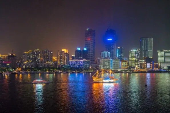 The view over the Huangpu River from Mandarin Oriental Pudong, Shanghai.