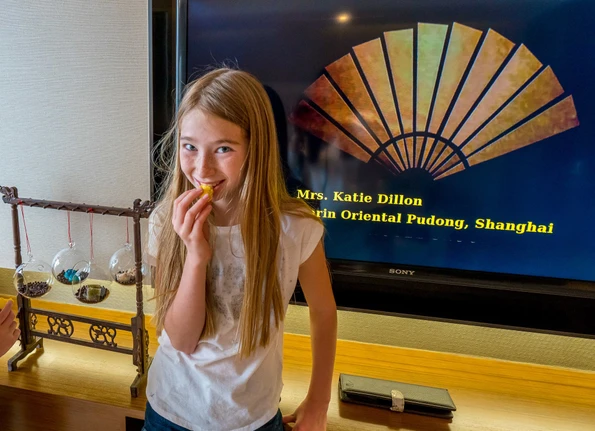 An amenity with desserts in glass orbs in our suite at Mandarin Oriental Pudong, Shanghai.