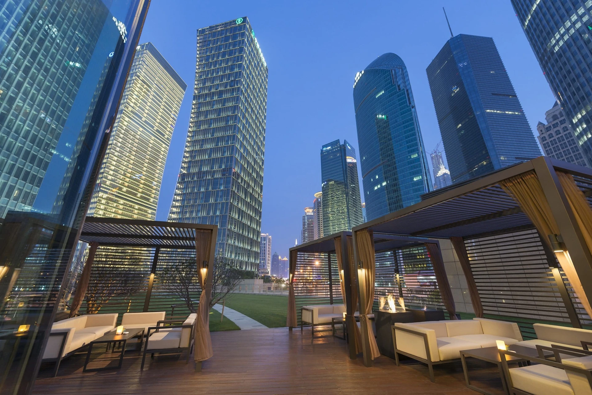 The gorgeous outdoor terrace at Qi Bar, part of Mandarin Oriental Pudong, Shanghai.