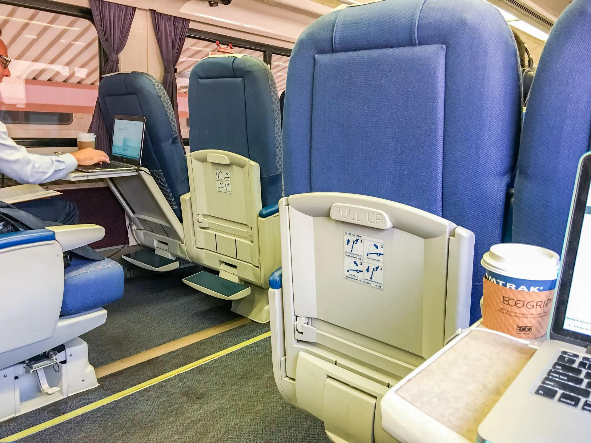 Seats in Amtrak business class on the Pacific Surfliner from San Diego to Santa Barbara.