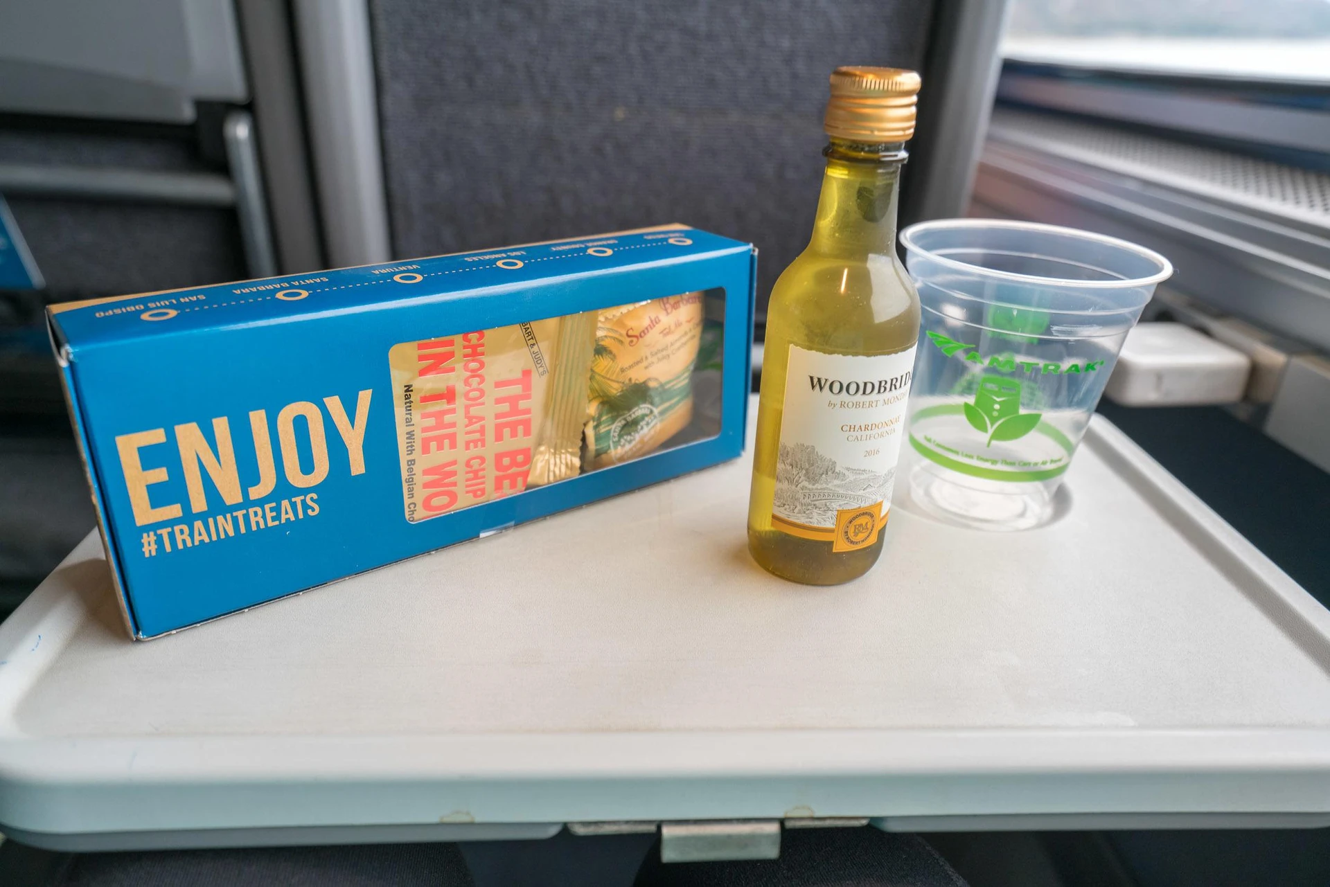 Wine and a snack pack given out in Amtrak business class on the Pacific Surfliner train.