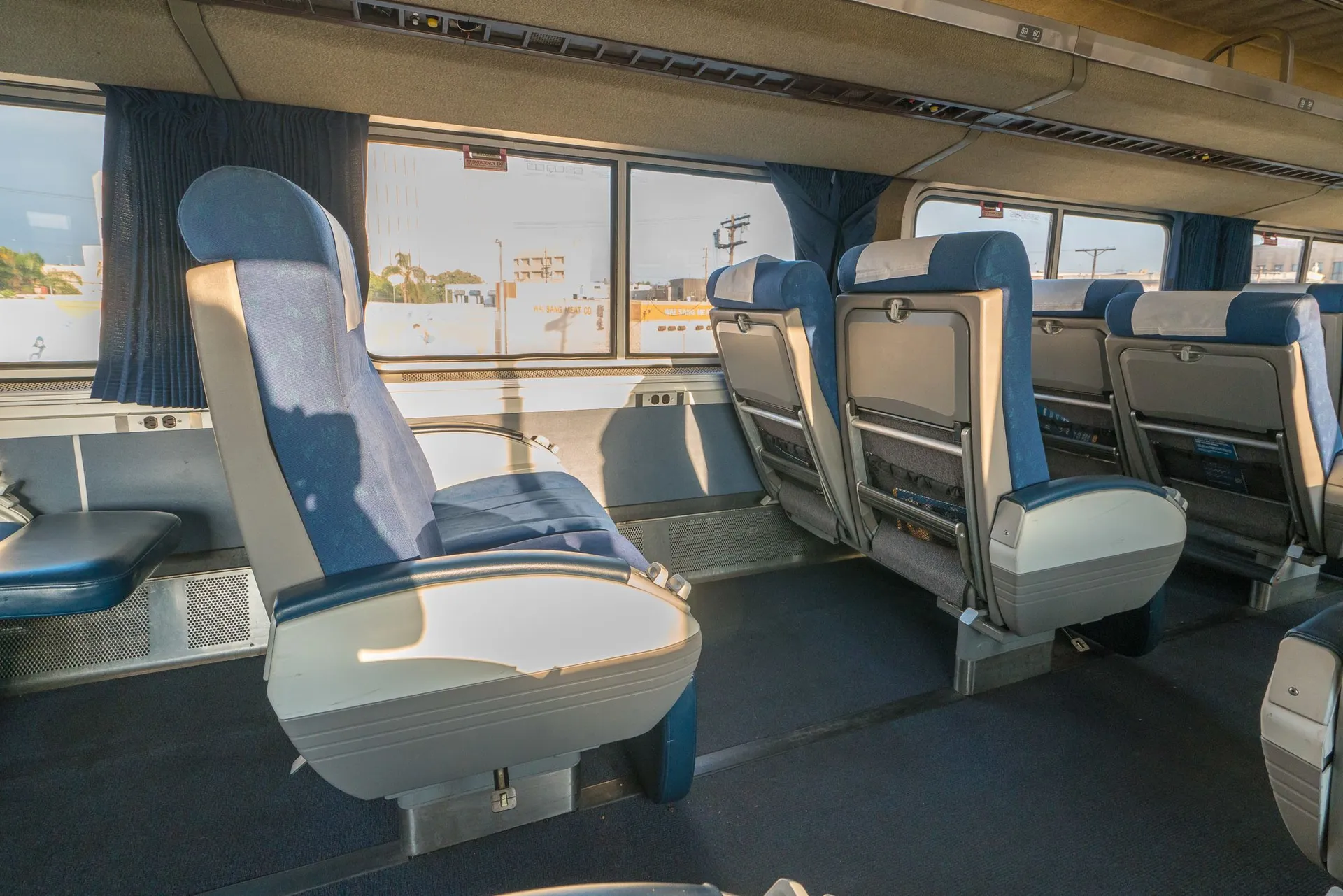 Seats in Amtrak business class on the Pacific Surfliner train.