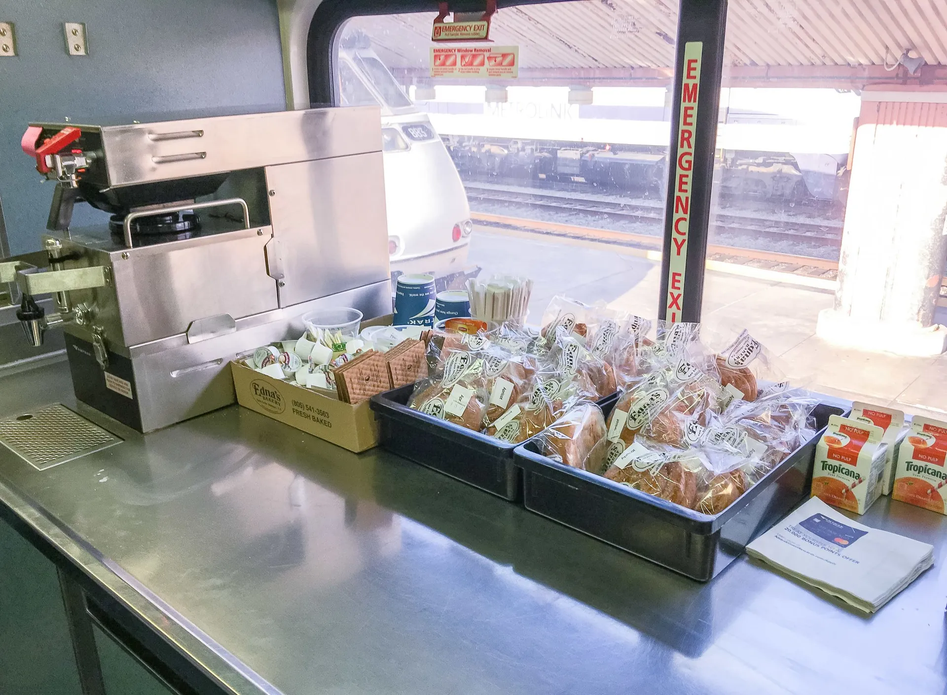 Complimentary muffins, juice and coffee on the Amtrak Pacific Surfliner in business class.