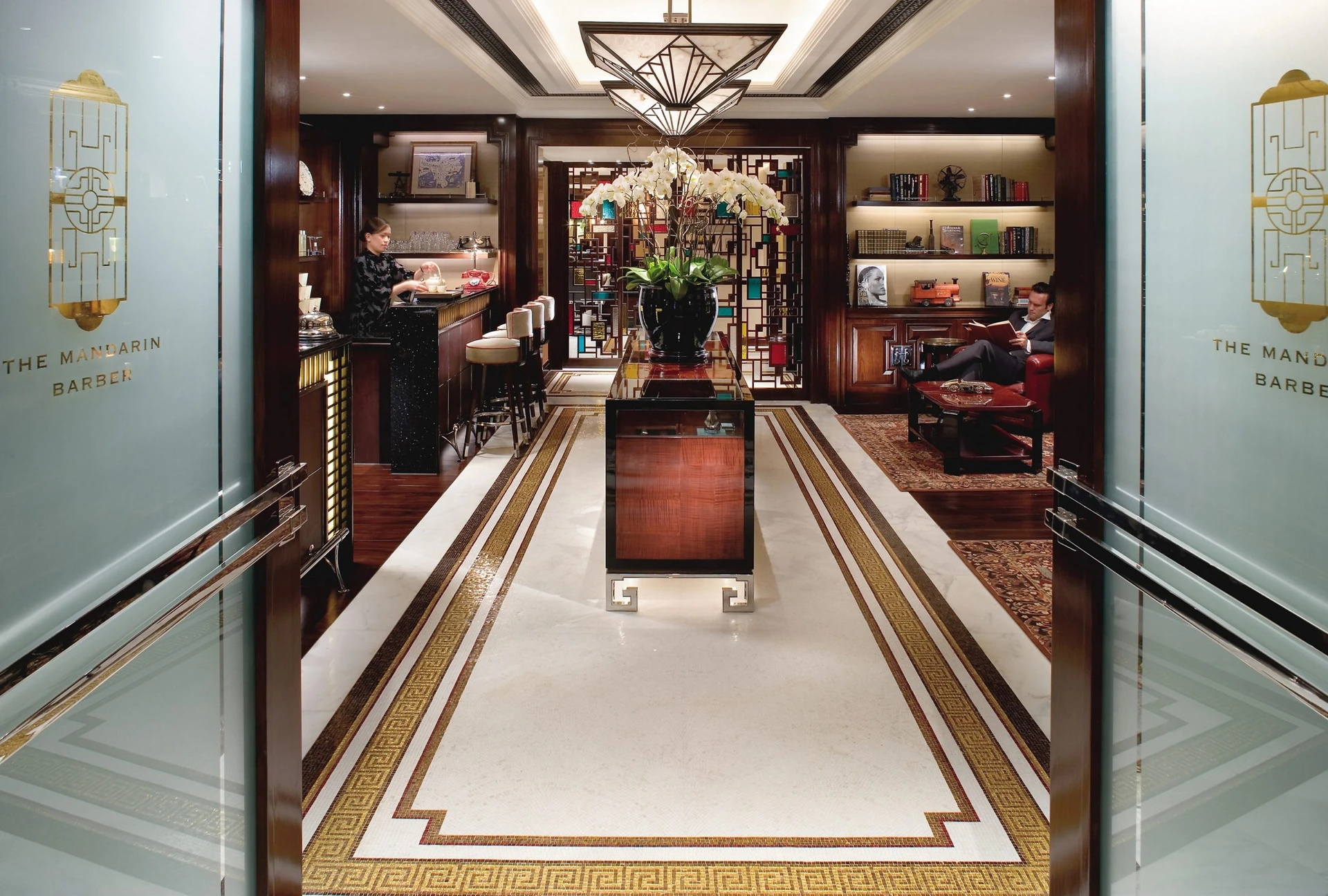 The Mandarin Barber with its Art Deco glass at Mandarin Oriental, Hong Kong