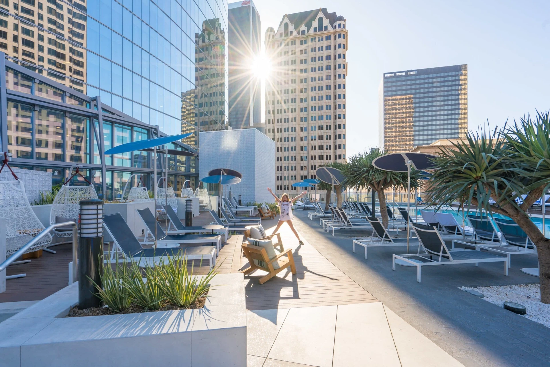 Pool deck at InterContinental Los Angeles Downtown in morning sun