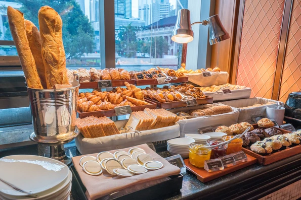 Fresh baked goods at Mandarin Oriental, Hong Kong's Clipper Lounge breakfast buffet.