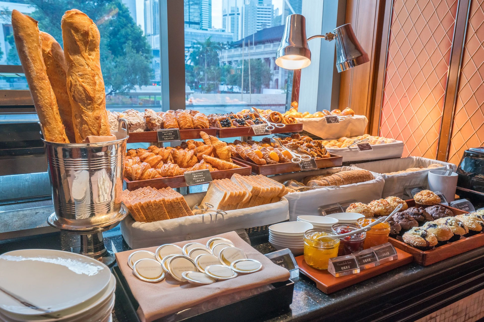 Fresh baked goods at Mandarin Oriental, Hong Kong's Clipper Lounge breakfast buffet.