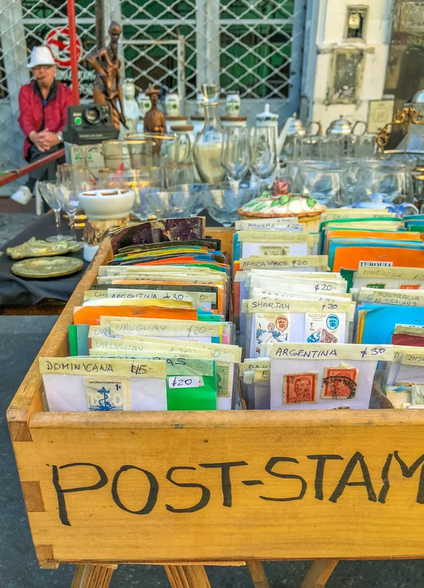 A vintage postage stamp vendor at the San Telmo Market in Buenos Aires.
