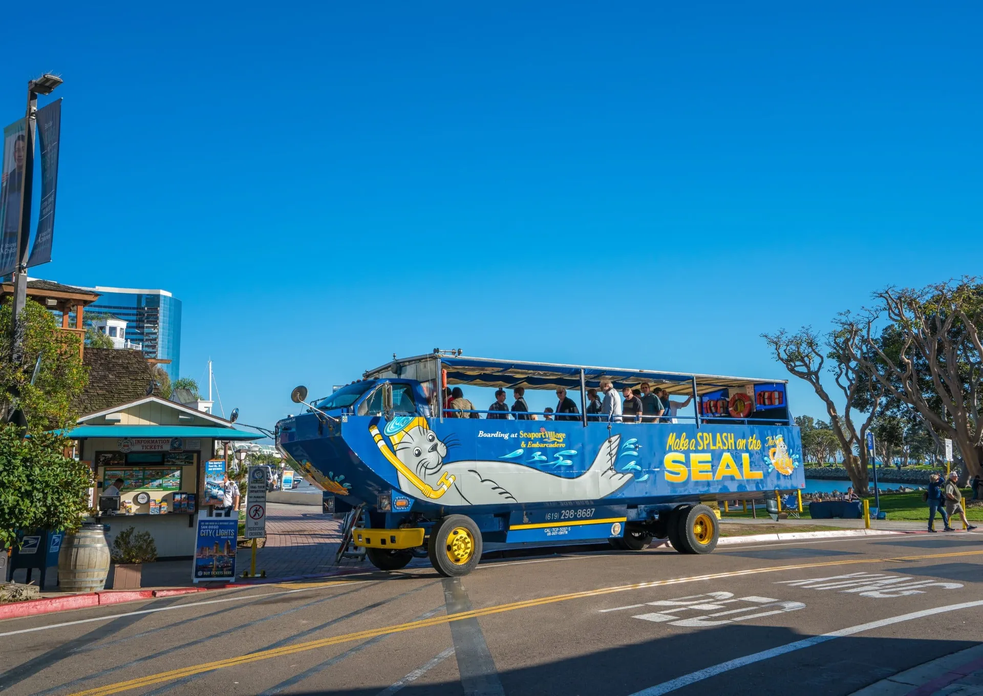 A SEAL Tour bus boat waits for passengers to board at its Seaport Village stop.
