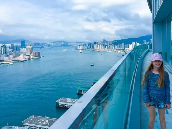 The Executive Club balcony at Four Seasons Hotel Hong Kong boasts panoramic views over Victoria Harbour.