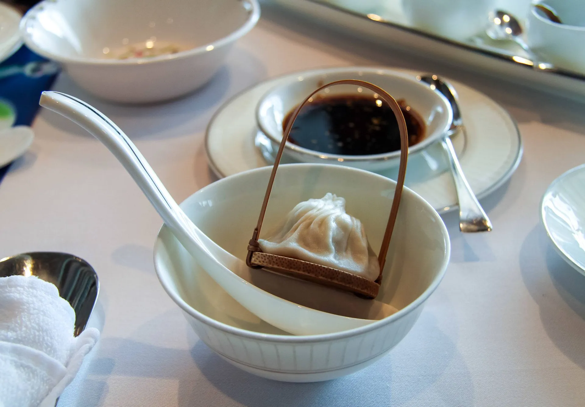 Xiao long bao dim sum in a bowl at Lung King Heen