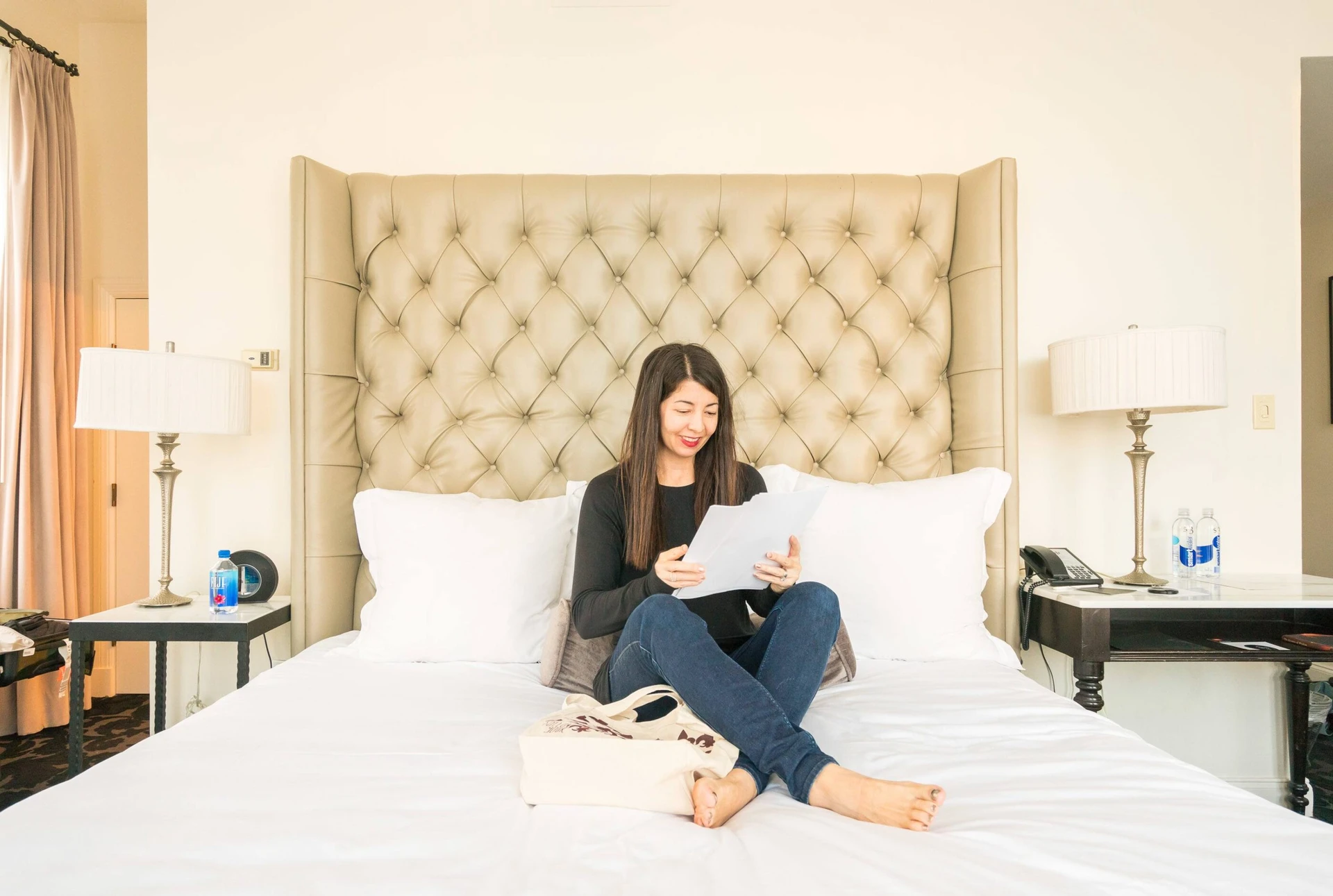 Katie Dillon works from a hotel room.