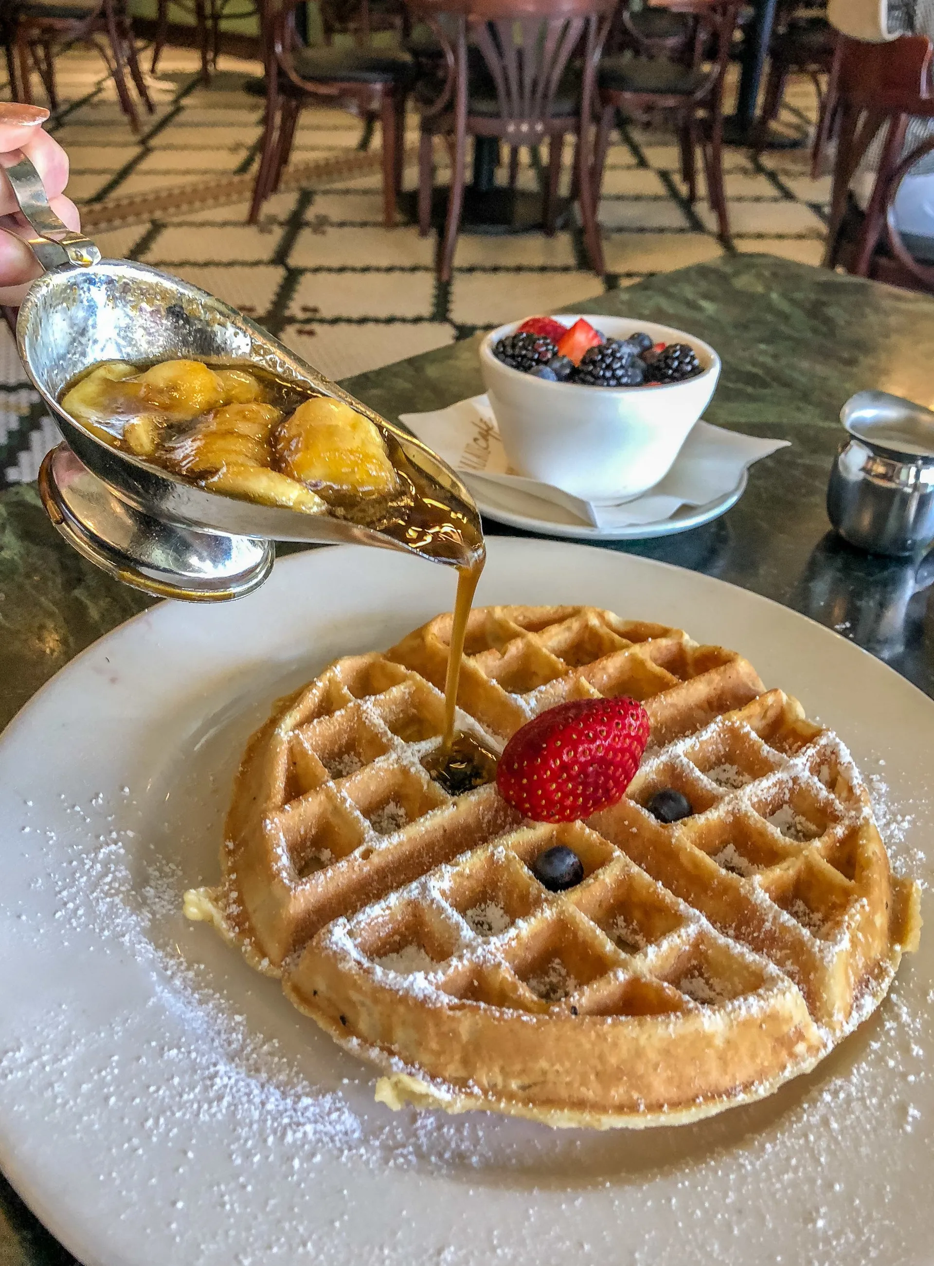 Palace Cafe in New Orleans serves bananas foster waffles.