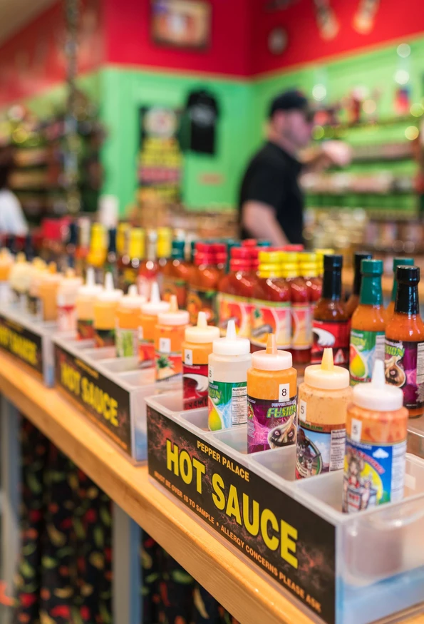 A huge display of hot sauce bottles at Pepper Palace.