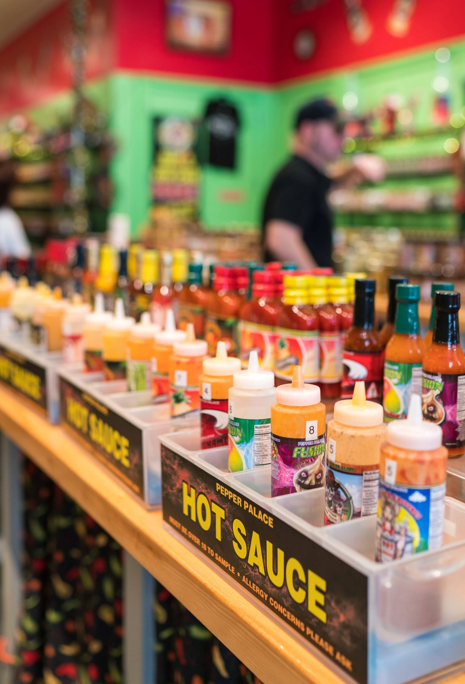 A huge display of hot sauce bottles at Pepper Palace.