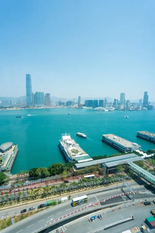 Views over Victoria Harbour and the Central ferry terminals from Four Seasons Hotel Hong Kong