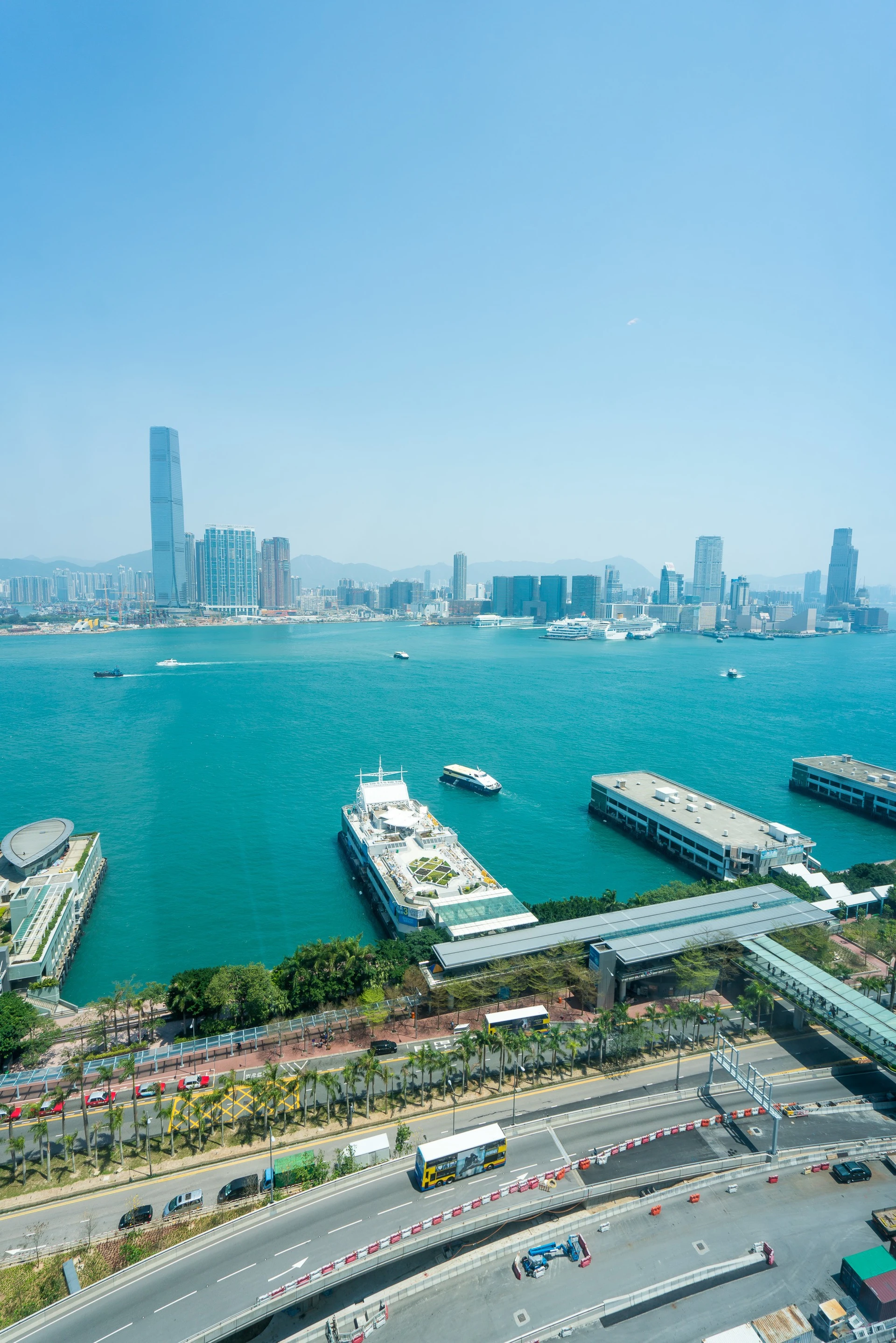 View from a Four Seasons Hong Kong harbour view room over the water to Kowloon.