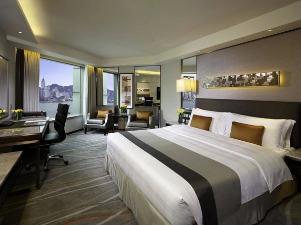 A harbour view room at InterContinental Grand Stanford, a Hong Kong luxury hotel.