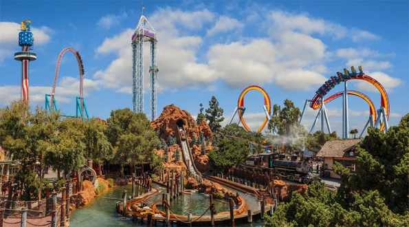 A view of several big Knott's Berry Farm roller coasters.