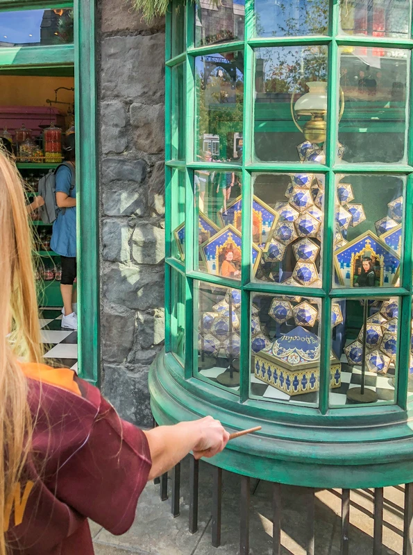 My daughter points her Harry Potter want toward a display of chocolate frogs.