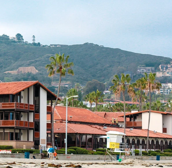 La Jolla Shores Hotel is on the beach in San Diego.