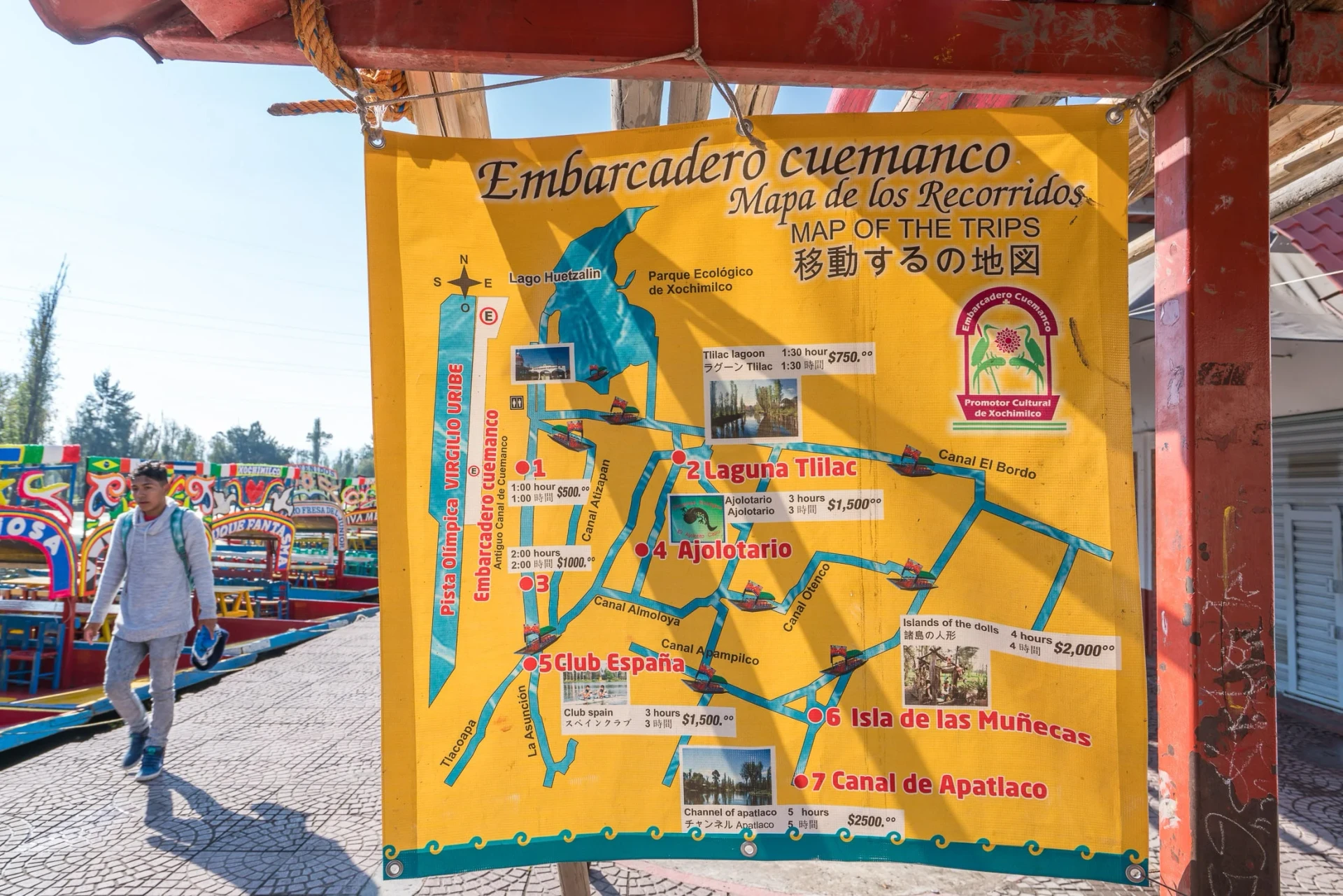 Map of trajinera routes in Xochimilco, Mexico City.