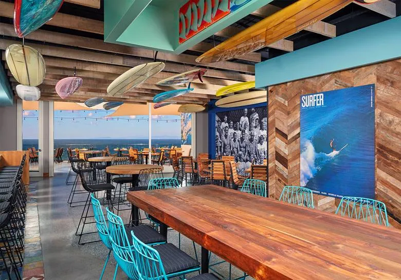 Festive surfer-themed interior of Duke's La Jolla.