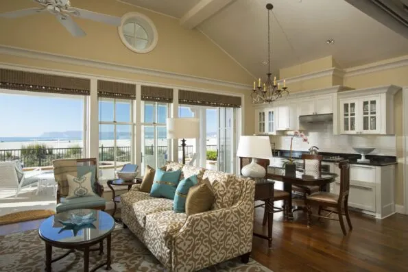 Living room and kitchen interior at Beach Village.