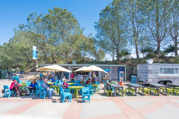 View of the patio dining at Splash Cafe at Birch Aquarium La Jolla