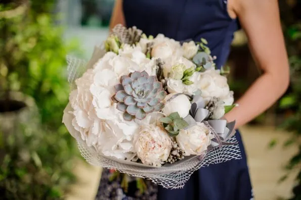 Hydrangea, peony, succulent bouquet