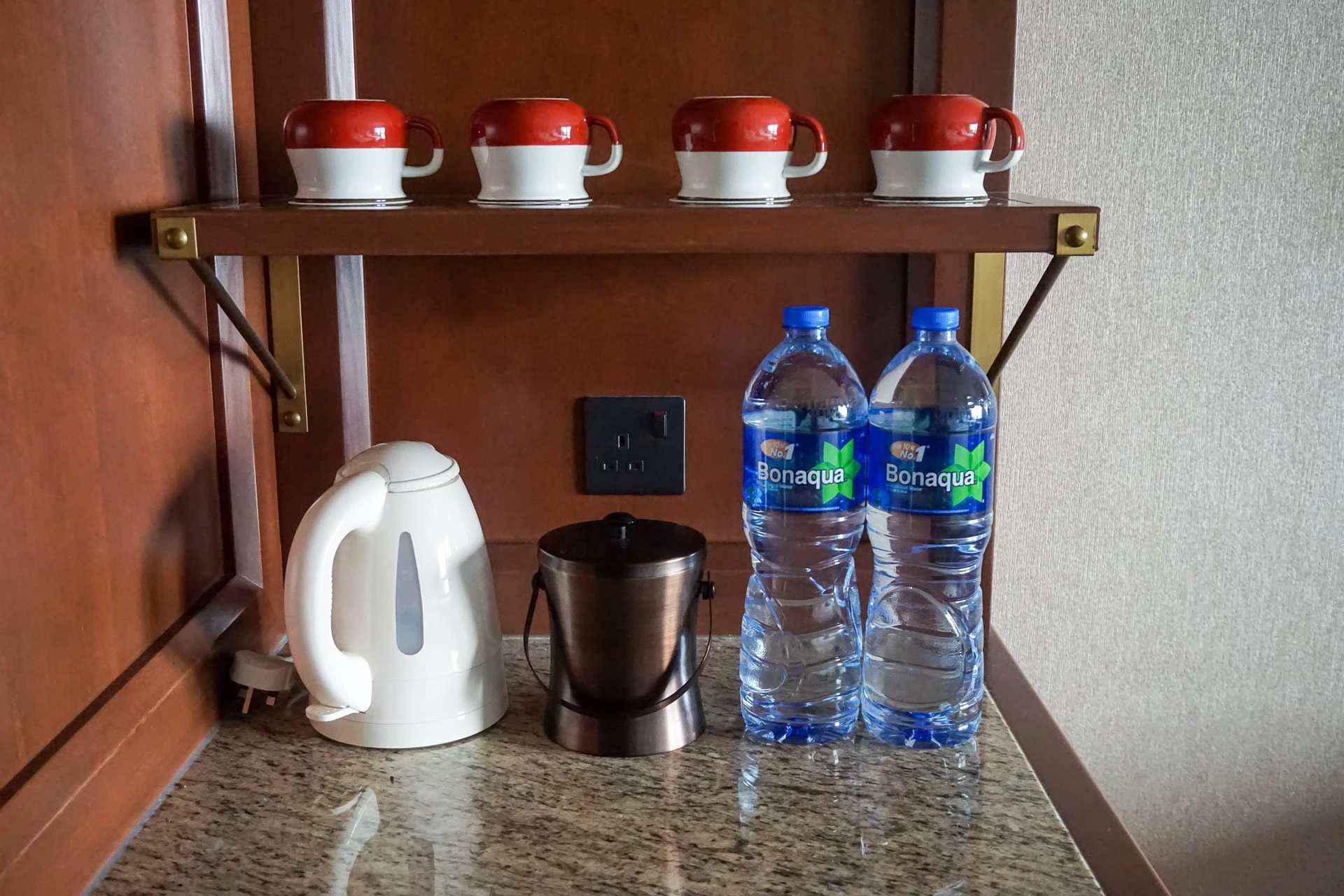 In-room water, coffee and tea at Disney Explorers Lodge hotel at Hong Kong Disneyland