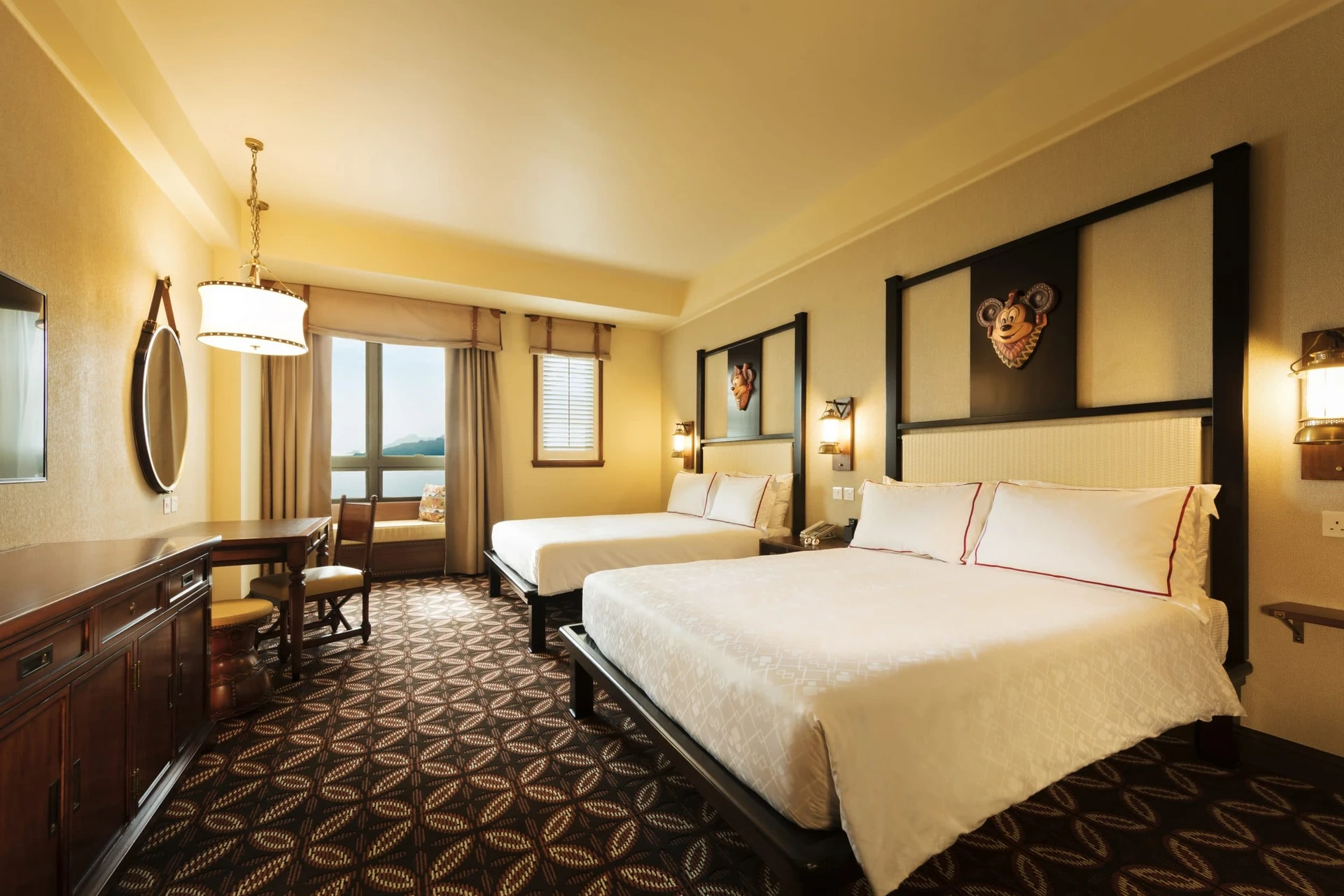 A Sea View double queen room at Disney Explorers Lodge in Hong Kong