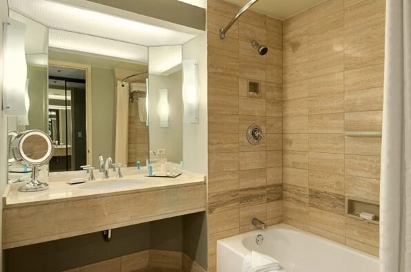 Spacious marble bathroom at Hilton Universal City near Universal Studios Hollywood
