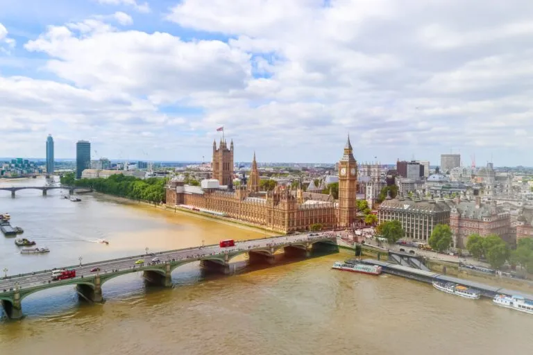 The Thames River with Big Ben and Parliament in the background.