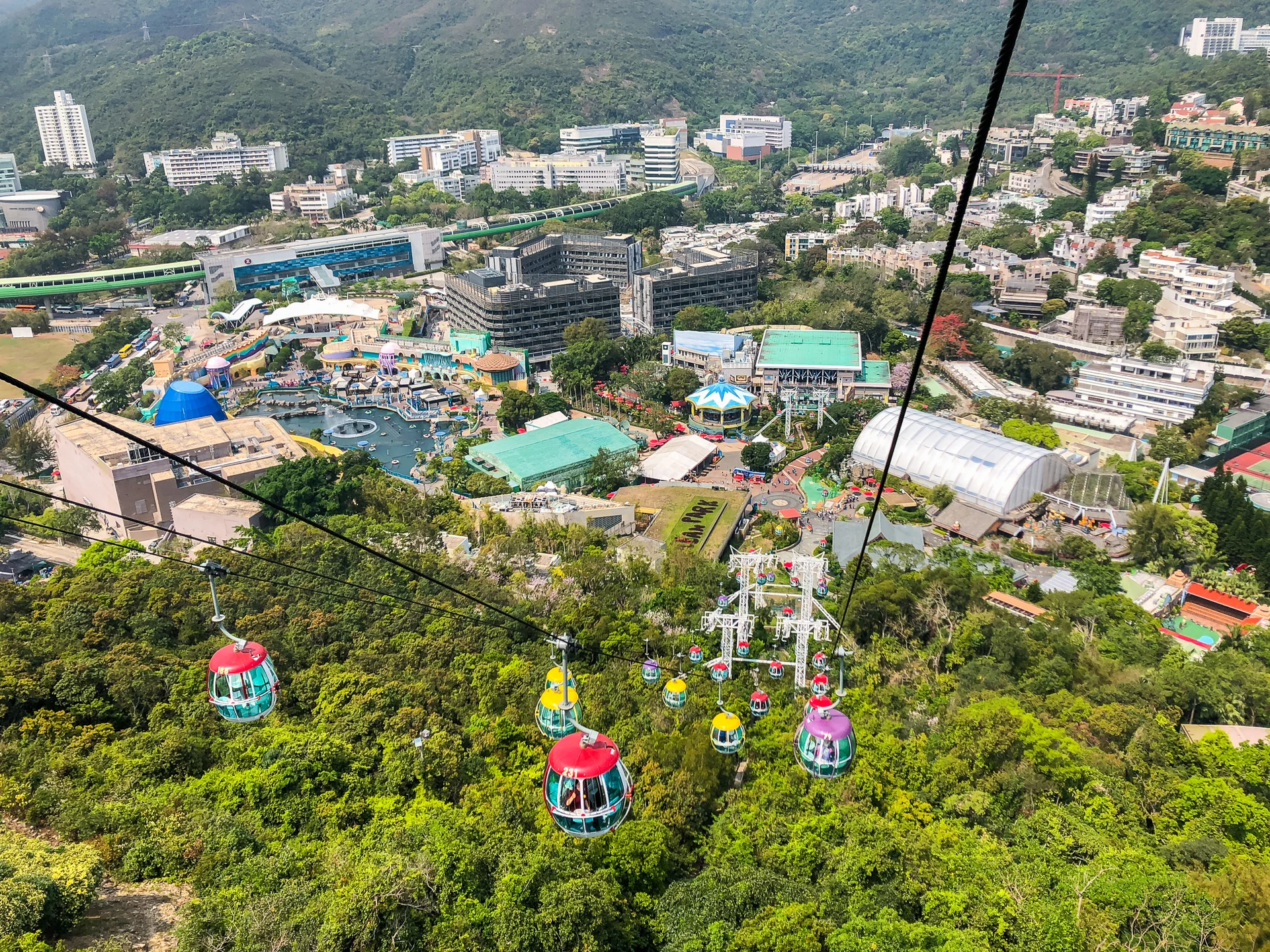 View of The Waterfront from the Ocean Park Hong Kong cable car.