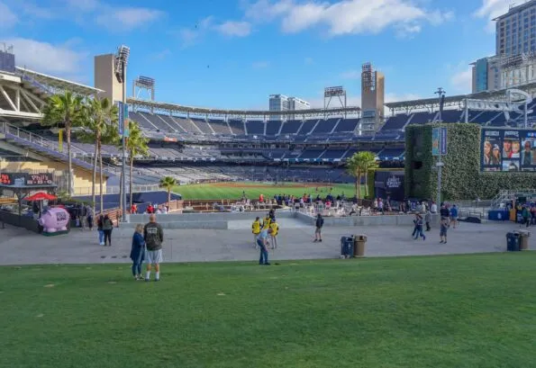 People enjoy PETCO Park before a Padres game in San Diego.