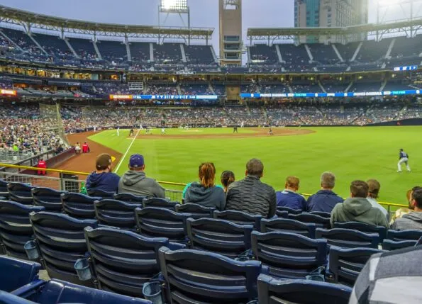 Spectators in the stands watch a Padres game in San Diego.