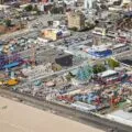 The beach and rides at Coney Island in New York