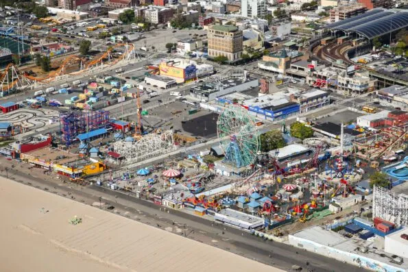 The beach and rides at Coney Island in New York