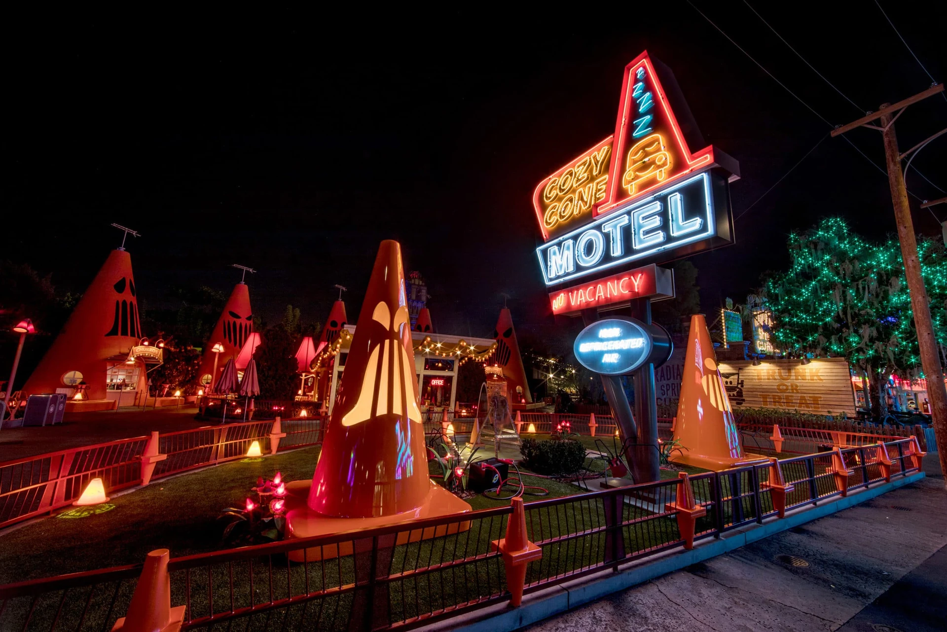 Disneyland Halloween: Cars Land cones in front of Cozy Cone.