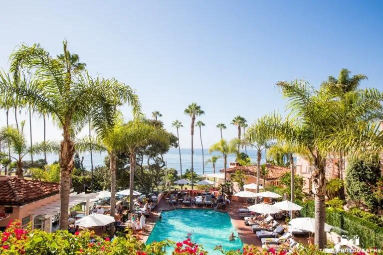 View over the outdoor pool to La Jolla Cove from La Valencia Hotel