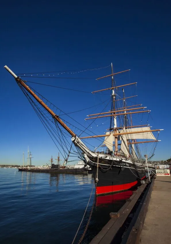 The Star of India ship in the water at the Maritime Museum of San Diego.