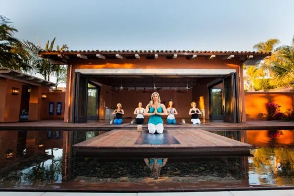 A yoga class in progress at the Rancho Valencia resort yoga pavilion