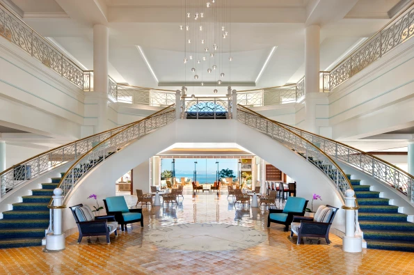 The lobby with view to the water at Loews Coronado Bay Resort, a top Coronado San Diego hotel.