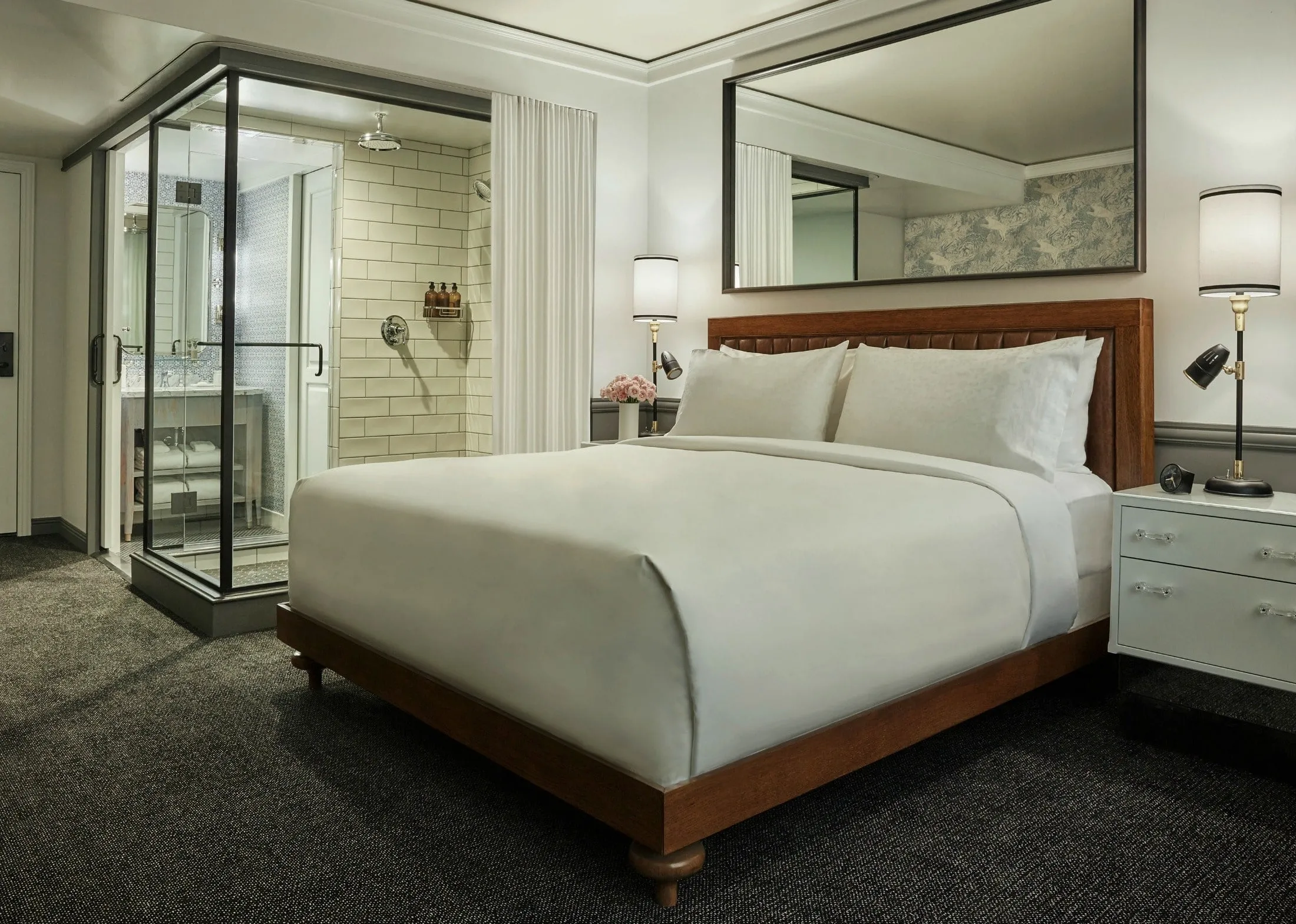 Glass walk-in shower in a Pendry San Diego king room